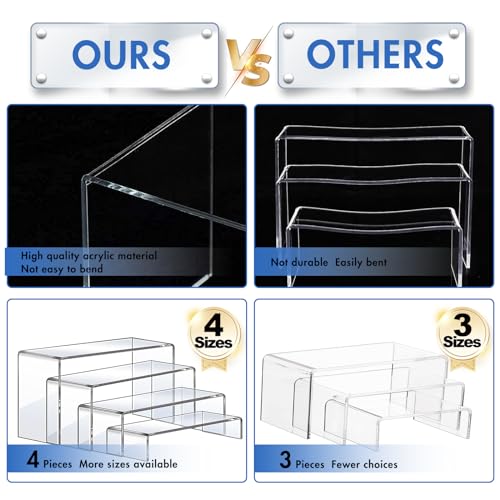 Image of Aheroi Display Risers, 4 Pcs Acrylic Riser Display Shelf, Clear Risers Display Stands, Rectangular Acrylic Risers for Decor Display, Showcase Stands for Cupcake Funko, Risers for Organize(1-3-4-5IN)