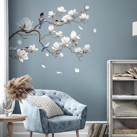 SHUCHING White Magnolia Birds Wall Decals Cover