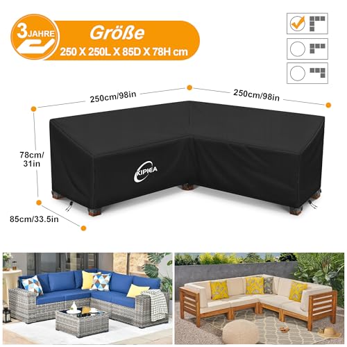 Kipiea Abdeckung Loungemöbel L-Form Wasserdicht, Abdeckung Gartenmöbel Winterfest, 420D Lounge Abdeckungen Winddicht, L-Form Abdeckplane Gartenmöbel Reißfest, Anti-UV (V-Förmig 250x250x85x78cm)