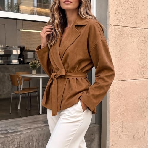 Rianclud Womens Faux Suede Cropped Jackets Lapel Tie Waist Short Coat - image 3