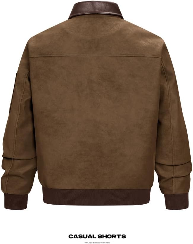 Men's Color Block Faux Suede Flight Jacket Lapel Collar Zip Up Cargo Bomber Coat With Zipper Sleeve Vintage