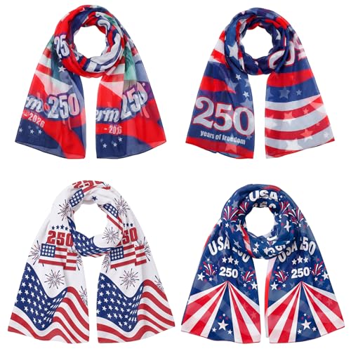 Hercicy 4 Pcs 250th Anniversary Patriotic Scarf for Women Men America 1776-2026 USA Red White and Blue 250th Scarves Flag Shawl for 4th of July Independence Day Head Wrap Favor