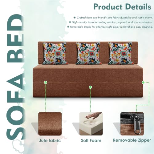 Image of Los Angeles Foldable Three Seater Sofa Cum Bed, Sofa Bed 5 X 6 Feet Jute Fabric Washable Cover- Including Cushion Perfect for Living Room - Brown
