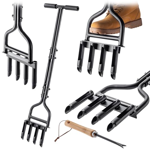 KADAX Rasenlüfter, Aerifiziergabel für Rasen, Aerifizierer mit T-Griff und 4 Hohlspoon, Rasenbelüfter, Rasenspecht für Rasenbelüftung und Rasenpflege