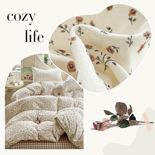 Image of VM VOUGEMARKET Soft Muslin Cotton Duvet Cover Set Queen Size Floral Duvet Cover with 2 Pillowcases Lightweight Breathable Bedding Comforter Cover for Teen Girls