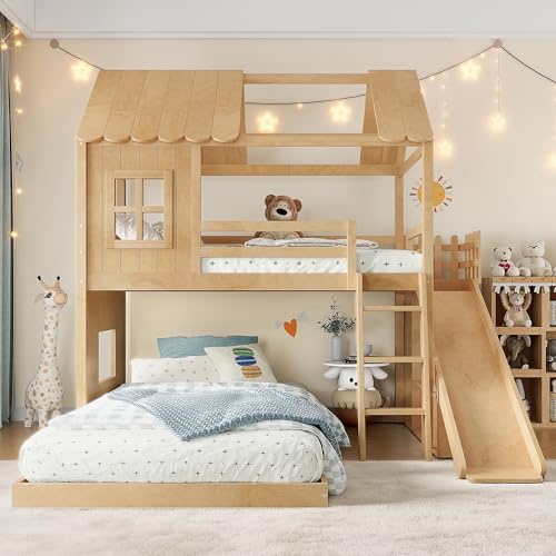 Image of Bellemave Twin Over Full House Bunk Bed with Slide and Storage Shelves for Kids,Solid Wood Floor Bunk Bed Frame with Wardrobe and Inclined Ladder for Girls Boys,Natural
