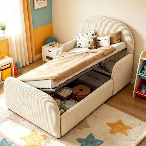 YuQozii Cama acolchada para niños de 90 x 200 cm, con espacio de almacenamiento hidráulico, estructura de cama infantil de terciopelo con cabecero alto, reposapiés y pasamanos de seguridad de media