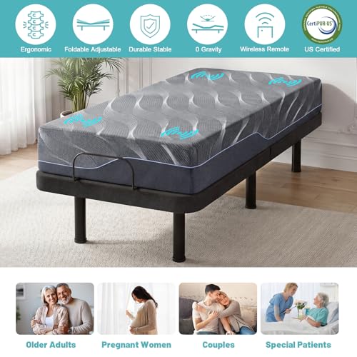 Image of Vipbear Premium TXL Adjustable Bed Frame with 12 inch Mattress, Ergonomic Smart Massage Adjustable Bed Bases with Zero Gravity, Wireless Remote & Head-Foot Incline & USB Charging, Black