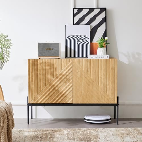 BTM Buffet Cusine, Meuble de Rangement avec 2 Portes et Étagère Réglable, Pieds en Métal, Style Moderne, Design de Lignes, 100 x40x75cm, Bois Naturel