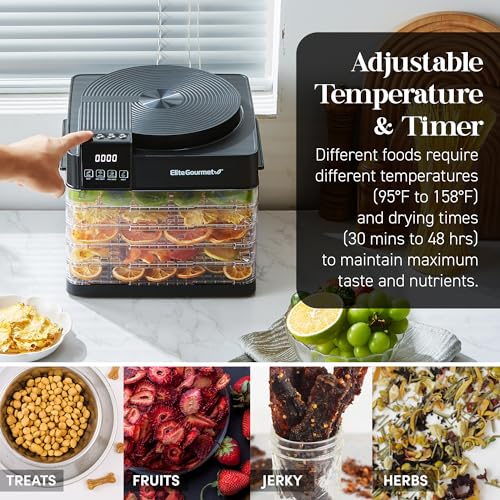Image of Elite Gourmet EFD422 Digital Food Dehydrator with 5 BPA Free Trays, Top Mounted Fan & Heater, Adjustable Timer and Temperature Controls, Jerky, Herbs, Fruit, Veggies, Snacks, Black