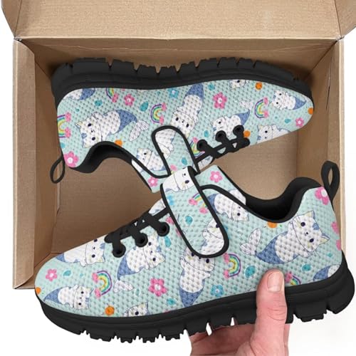 Little Kid Tennis Shoes Slip On Boys Girls Sneakers Casual Running Shoes Woven Breathable with Soft Soled Sports Hook-Loop Outdoor Shoes Cat Fish Rainbow Pattern（Black Sole）2