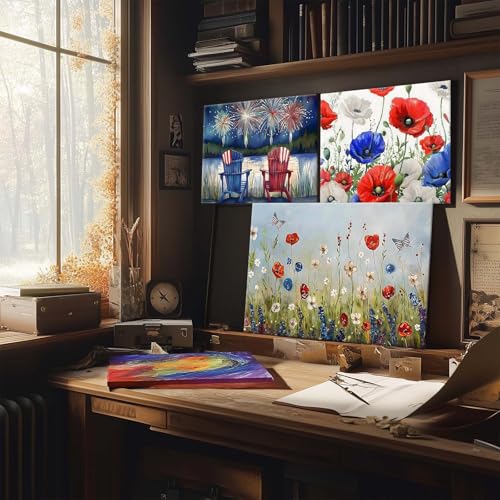Image of Memorial Day Canvas Wall Art, USA Patriotic Flower Print, Red White Blue Blossoms and American Flag Butterflies Poster Framed Wall Painting for Living Room, Office, Holiday Decorations 20x24inch