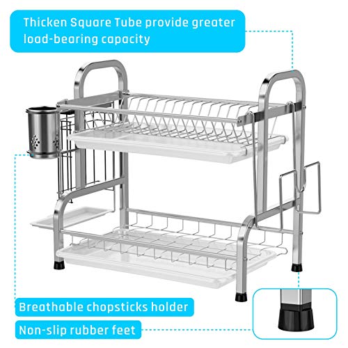 Dish Drying Rack, iSPECLE 304 Stainless Steel 2-Tier Dish Rack with Utensil Holder, Cutting Board Holder and Dish Drainer for Kitchen Counter