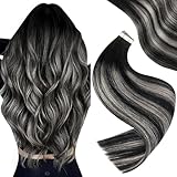 Easyouth Tape in Hair Extensions Human Hair Ombre Hair Extensions Tape in Real Hair Black to Silver Balayage Tape in Human Hair Extensions Silky 14 Inch 40g 20Pcs