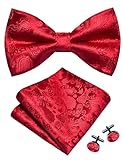 Gusleson Paisley Red Bow Tie Pocket Square Set for Wedding Pre-Tied Solid Bowties Handkerchief Cufflinks for Men (UK0497-09)