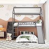 Twin Over Twin Bunk Bed with 2 Drawers and Slide, L Shaped House Bunk Bed with Roof and Security Guardrails for Kids Teens Boys Girls,Gray