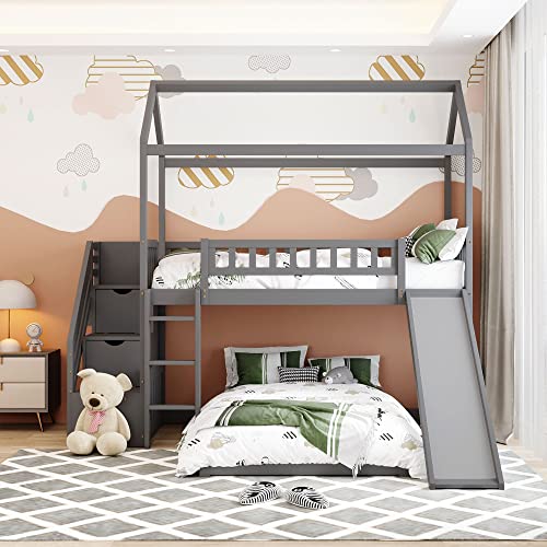 Twin Over Twin Bunk Bed with 2 Drawers and Slide, L Shaped House Bunk Bed with Roof and Security Guardrails for Kids Teens Boys Girls,Gray