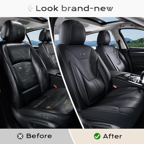 Image of Coverado Car Seat Covers Full Set, Front Seat Covers with Lumbar Support and Back Seat Cover Waterproof Leather Automotive Seat Cover, Universal Car Interior Protectors Cushion for Most Cars