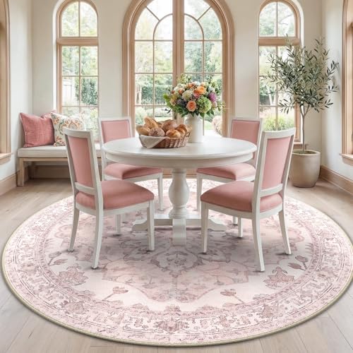 RELEANY Washable Area Rug, Round 7ft, Pink