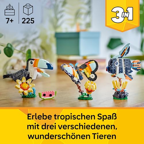 LEGO Creator Wilde Tiere: Tropischer Tukan - 3-in-1-Spiel Tier verwandelt Sich in Schmetterling Minifigur oder Fisch - Kreatives Spielzeug - Geschenk für Mädchen und Jungen ab 7 Jahren 31173