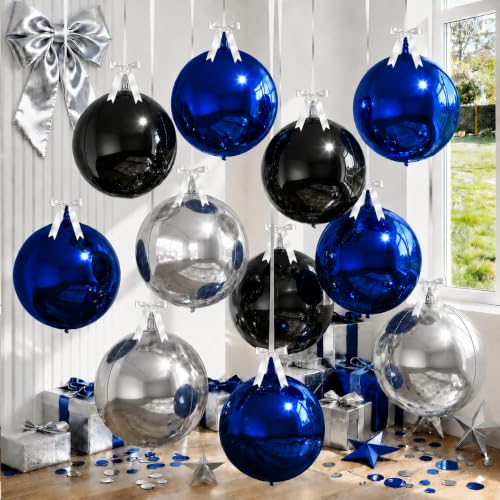 Image of 9 Pcs Black Blue Silver Round Foil Balloons Black Royal Navy Blue Metallic Silver Chrome 4D Ball Balloons 22 In Orbz Mylar Balloon for Graduation Grad Birthday Anniversary Party Decorations