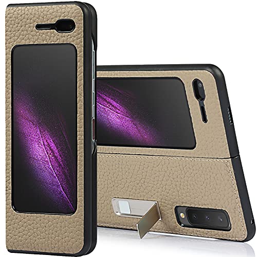 Miimall Compatible with Samsung Galaxy Fold 2019 Fold 5G 2020 Genuine Leather with Built-in Alloy Stand Case Cover for Samsung Galaxy Fold 2019 Samsung Galaxy Fold 5G (Light Brown)