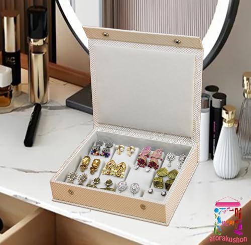 Image of atorakushon PU Leather Makeup Storage Box Travelling Vanity Jhumka Earrings Cosmetic Necklace Jewellery Wardrobe Organizer for Woman (Zig Zag Cream)
