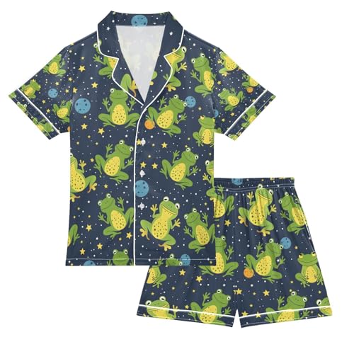 senya Green Frogs Bubbles Satin Summer Pajama Sets Silk Short Sleeve Button Down Sleepwear