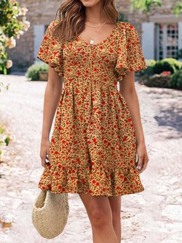Image of UEAL Womens Cute Floral Smocked V Neck Flutter Sleeve Sundress with Pockets Casual Spring Summer Dresses for Women 2026