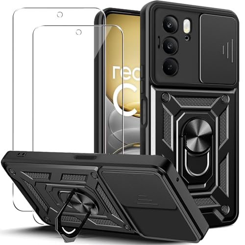 KUSINHOKA Funda para Realme C75 4G/Realme 14x 5G con Protección de Cámara Cubierta y Soporte de Anillo + [2 Pack] Cristal Templado, [Antigolpes Grado Militar] Anti-arañazos Protectora Carcasa, Negro