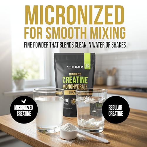 Image of VELOMIX Micronized Creatine Monohydrate Powder - 100% Pure Creatine Powder Unflavored and Easy to Mix | Supports Muscle Growth, Recovery, and Strength | 5000mg Per Serv (5g) - 100 Servings