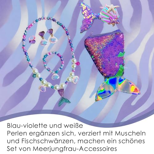agogue 7 Stück Meerjungfrau Schmuck,Meerjungfrau Mädchen Tasche Halskette Ohrringe Armband Ringe Haarspange,Kinderschmuck Meerjungfrauen Schmuck Mädchen MeerjungfraAccessoires für Party Dress Up Ges