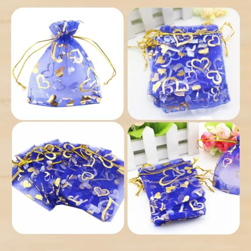 Image of 100 pcs 3.5 x 4.7 Inch Flower Heart Organza Jewelry Gift Pouch Candy Pouch Drawstring Wedding Favor Bags X92 (royalblue gold heart)