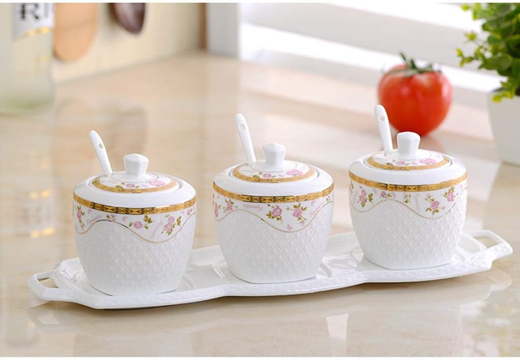 White Ceramic Sugar Bowls Condiment Pots Spice Jars Seasoning Box Set with Lid Spoon and Tray-Sets of 3