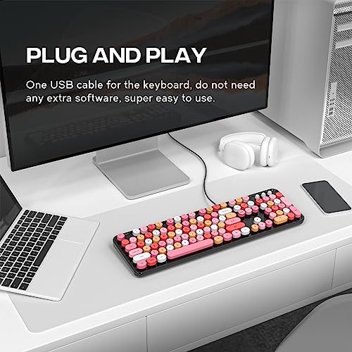 Image of MOWUX Computer Keyboard Wired, Plug and Play USB Retro Round Typewriter Keyboard, Full Size Wired Keyboard with Foldable Stands for Laptop and Office PC- Black Colorful