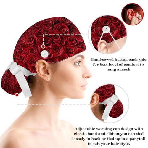 Image of Red Blooming Rose Flowers Black Working Cap with Scrunchy and Ribbon Tie for Women, Long Hair