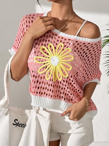 Image of OCSTRADE Summer Crochet Tops for Women Boho Crop Hollow Out Sweaters Beach Vacation Knit Cover Ups