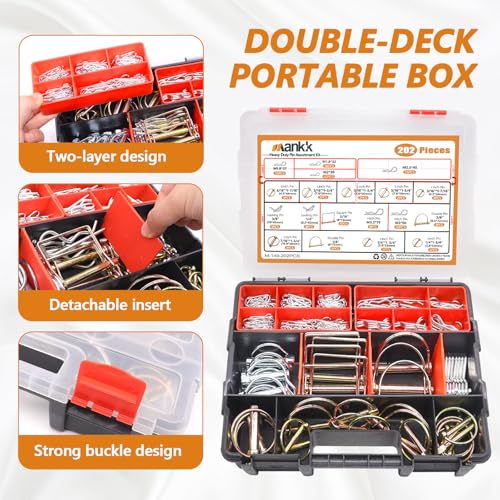 Image of Mankk 202PCS Heavy Duty Hitch Pin Clip Assortment Kit - Tractor, Linch, PTO, R Clip, Hair Pins for Farm Tractors, Trailers, Trucks, Attachments, Lawn Mowers