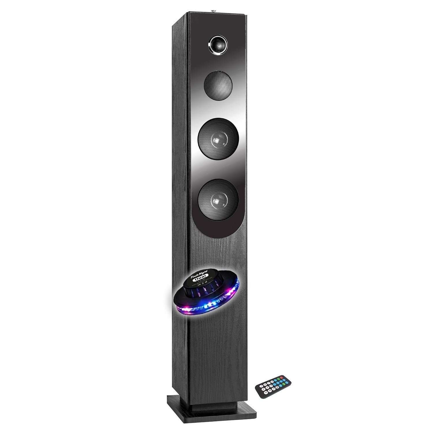 Enceinte Colonne Blacktower, avec Lecteur CD, Bluetooth, FM et USB, 100W, télécommande, Jeu de lumière OVNI LED