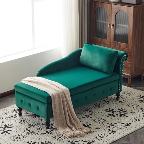 Velvet Chaise Lounge Sofa with Storage, Upholstered Lounge Chair with Pillow, Modern Button-Tufted & Nailhead Trim Chaise Lounges, Indoor Right Armrest Couch for Living Room, Bedroom, Office (Green)