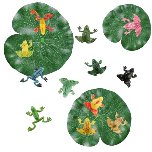 21 Piezas Plantas Acuáticas Artificiales – 9 Hojas de Loto y 12 Ranas Decorativas, Nenúfares Flotantes de 10/15/20cm para Estanques, Jardines, Fuentes, Piscinas y Acuarios