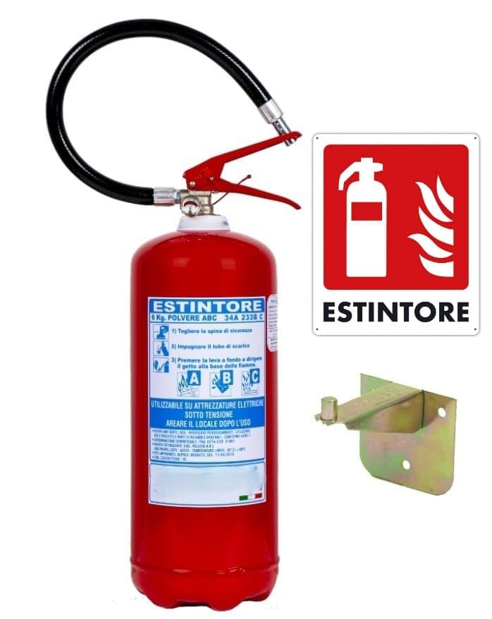 Estintore a Polvere Kg 6, Certificato, Fornito di Staffa + Cartello + Tagliando di Controllo (La Scadenza del Tagliando Non è la Scadenza dell’Estintore) – Estintore Pronto all’Uso TAG Nr E1061