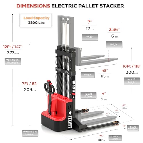 Image of Full Electric Forklift Walkie Pallet Stacker with Fixed Straddle Legs and Adjustable Forks 5.50 Inch to 27 Inch - Material Lifter 3300lbs Capacity 10 Ft /118 Inch Lifting Heights (US-ES33K-118)