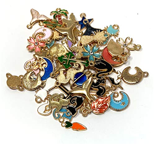 JIALEEY 50PCS Assorted Gold Plated Enamel Animal Moon Star Fruit Unicorn Charm Pendant DIY for Necklace Bracelet Earring Jewelry Making and Crafting