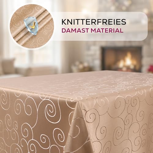 BEAUTEX Damast Tischdecke Ornamente eckig 130x160 Cappuccino bügelfrei edel – Ansicht 4