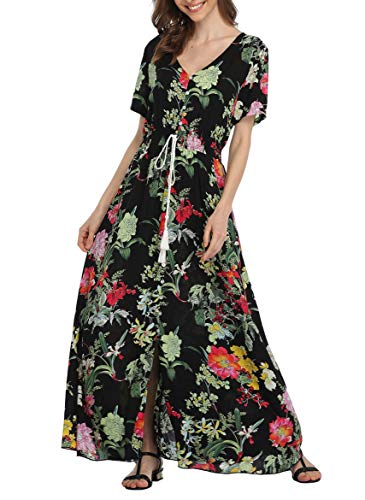 Image of VintageClothing Women's Floral Maxi Dresses Boho Button Up Split Summer Casual Long Dress Beach Party Dress