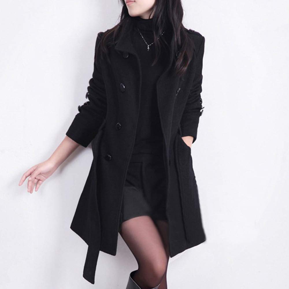 Generisch Damen Mantel Trenchcoat Elegant Schwarz Umlegekragen Wollmantel Zweireihiger Longsleeve Große Größen Winddichter Lang Winter Einfarbige Wintermantel Verstellbare Damenmantel