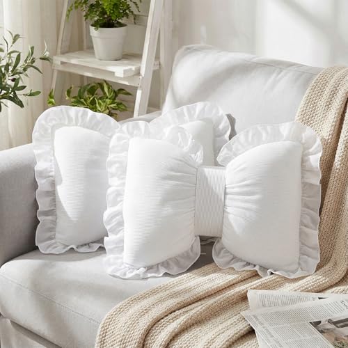 Fiwochic 2 Pcs White Bow Pillow 16 x 13 Inches Decorative Bow Pillows with Lace Side Trim Soft Car Lumbar Backrest Cushion for Bed Sofa Couch Living Room Bedroom Home Decor(Pure)