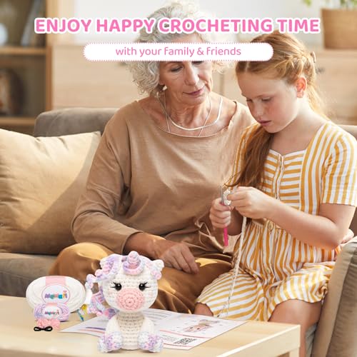 Image of Mewaii Crochet Kit for Beginners Level 2 with 40% Extra Eco-Friendly Pre-Started Easy Yarn, Step-by-Step Video Tutorials for Adults and Kids (Pastel Unicorn)