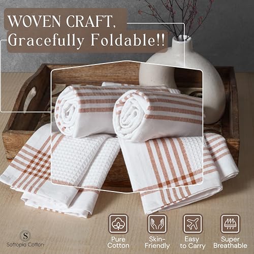Image of Waffle White & Brown 4 Pack Kitchen Towels Set, 100% Cotton, 16x26 inches, Professional Quality Cleaning Towel for Bar, Home, Restaurant Use, Absorbent Dish Cloths for Drying Dishes